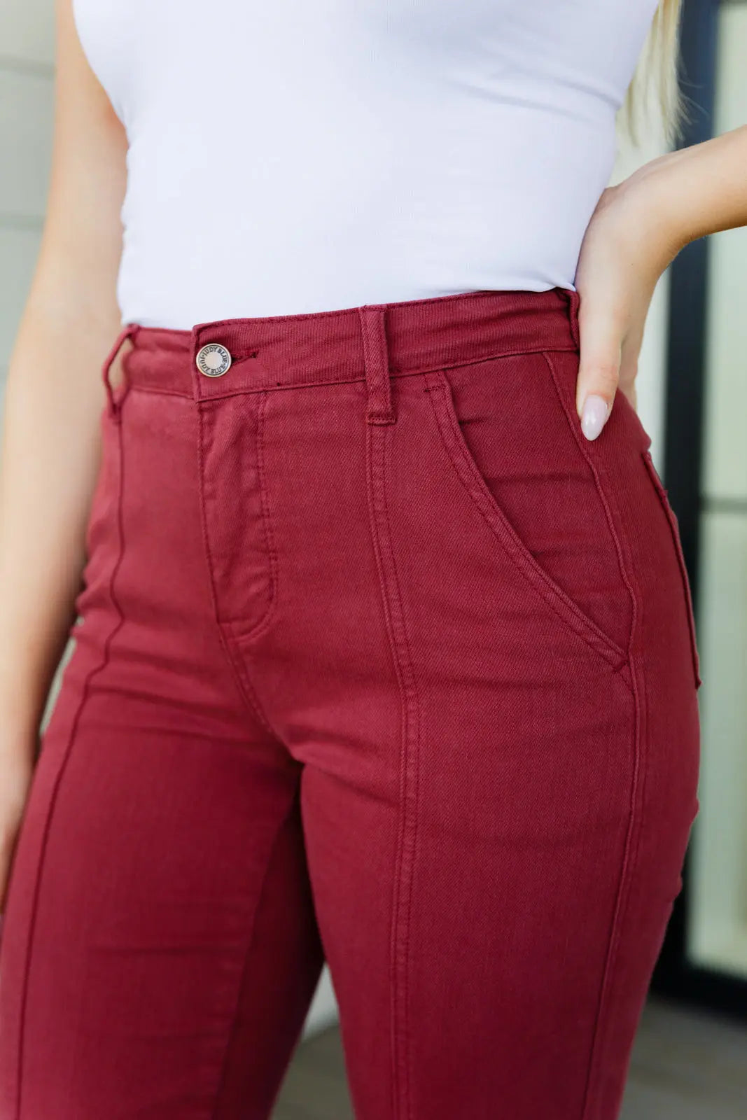 Phoebe High Rise Front Seam Straight Jeans in Burgundy Ave Shops