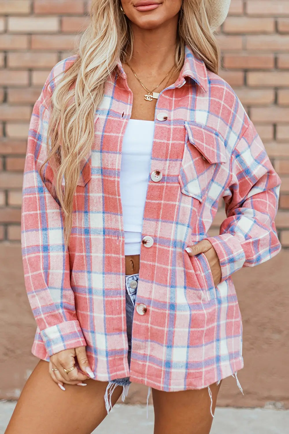 Plaid Button Up Long Sleeve Shacket Trendsi