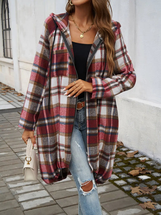 Plaid Zip Up Hooded Coat Trendsi