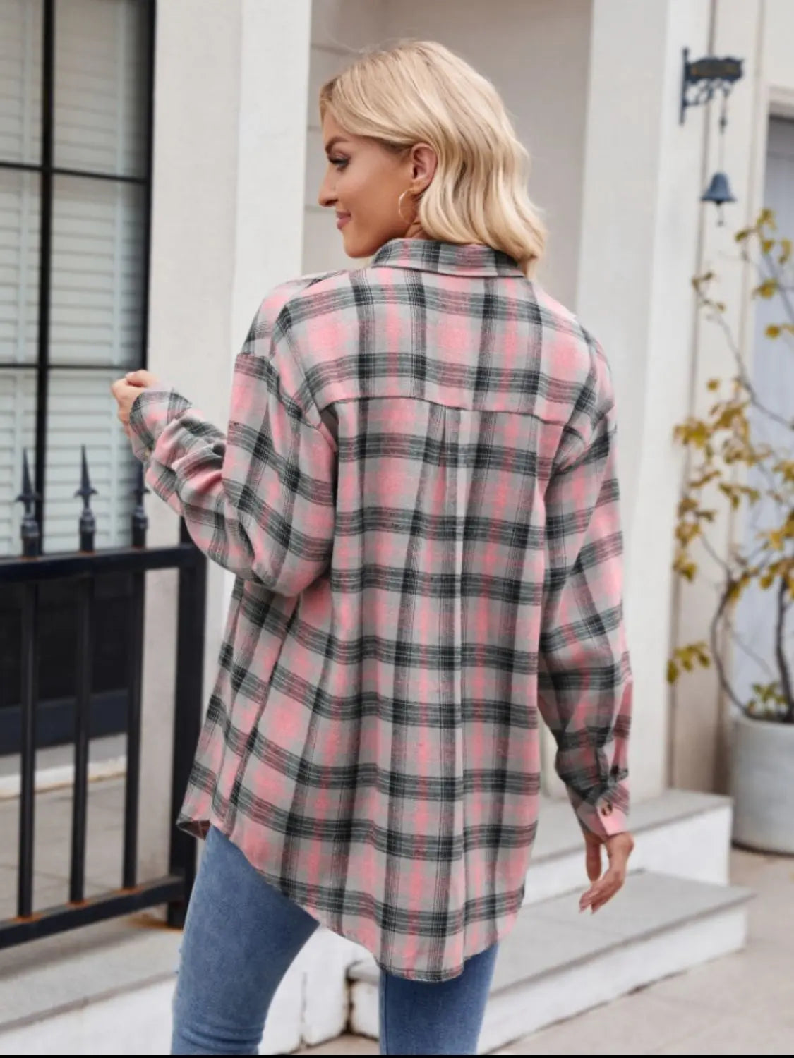 Pocketed Plaid Collared Neck Long Sleeve Shirt Trendsi