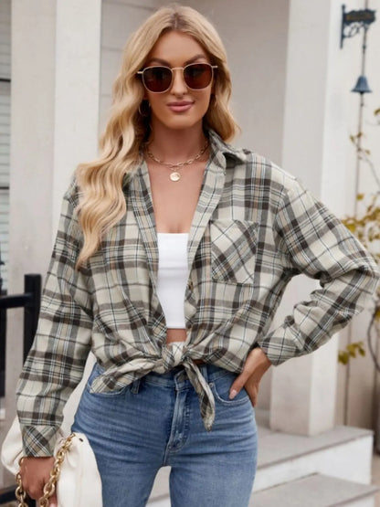 Pocketed Plaid Collared Neck Long Sleeve Shirt Trendsi