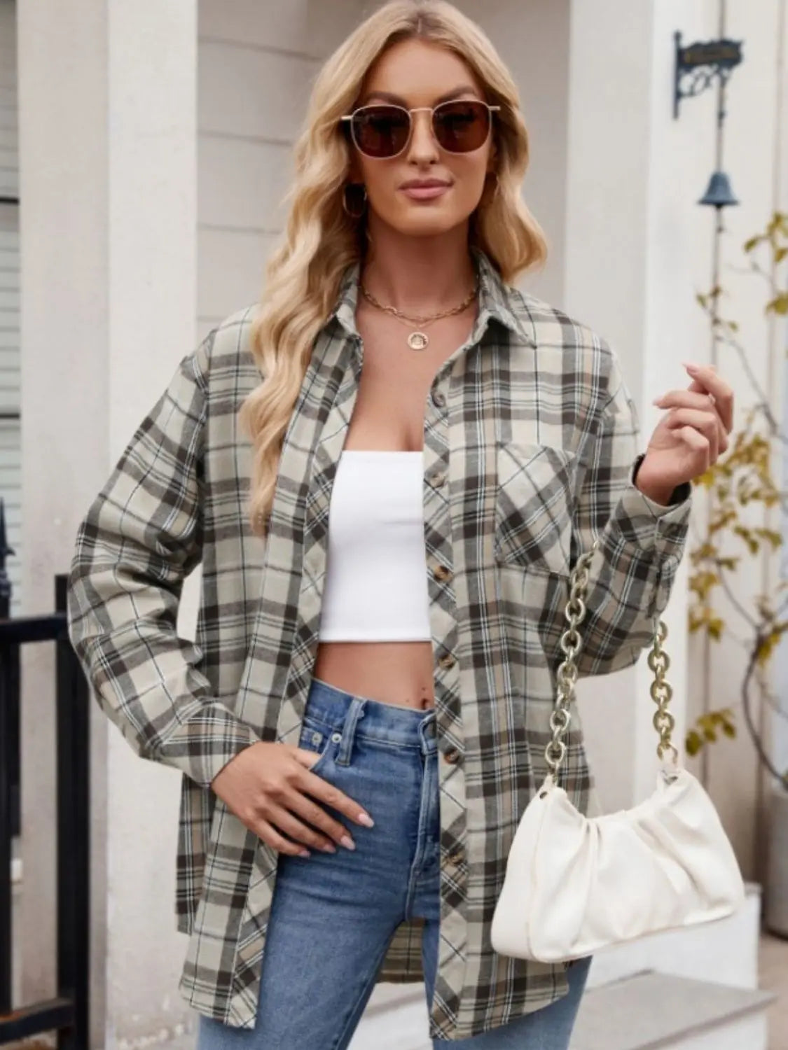 Pocketed Plaid Collared Neck Long Sleeve Shirt Trendsi