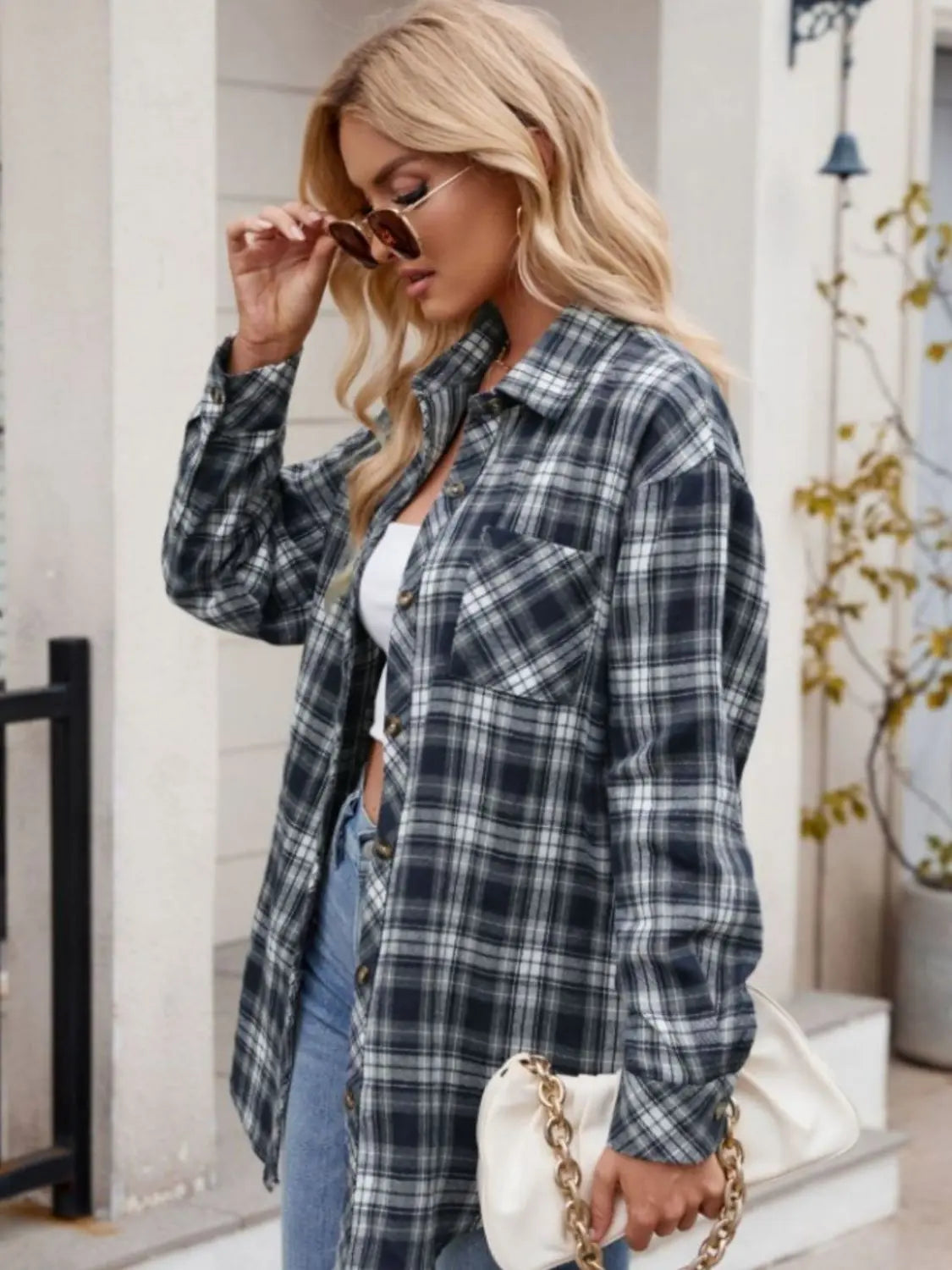 Pocketed Plaid Collared Neck Long Sleeve Shirt Trendsi