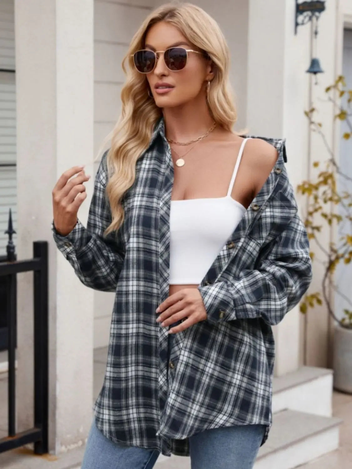 Pocketed Plaid Collared Neck Long Sleeve Shirt Trendsi