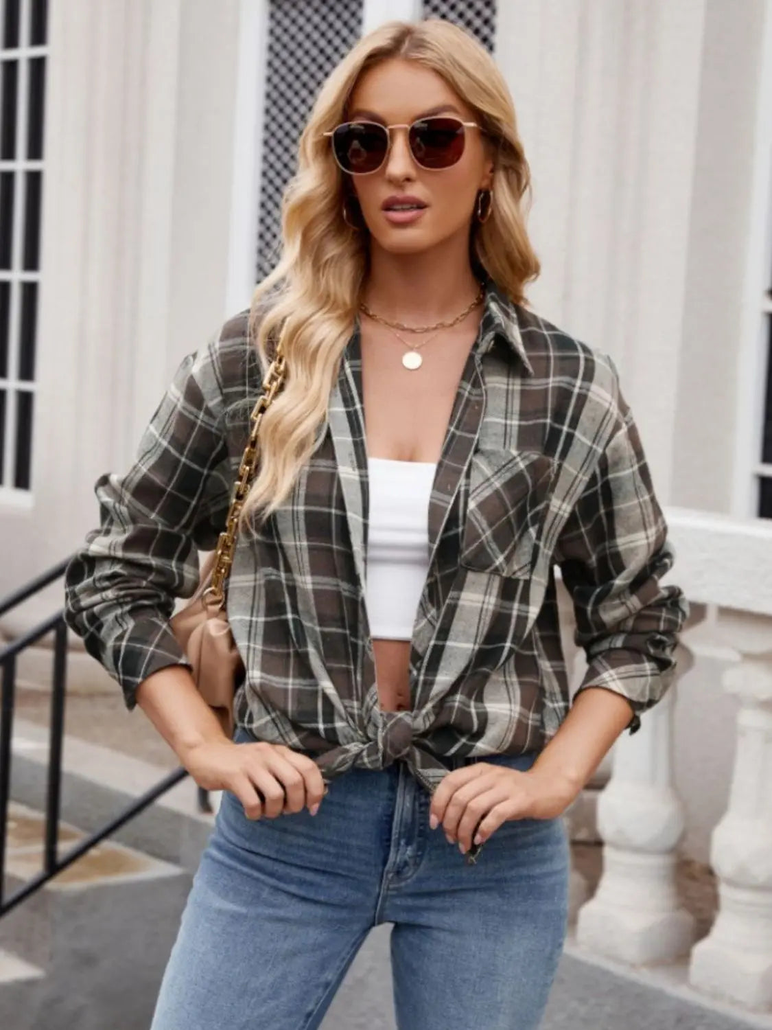 Pocketed Plaid Collared Neck Long Sleeve Shirt Trendsi