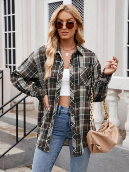 Pocketed Plaid Collared Neck Long Sleeve Shirt Trendsi