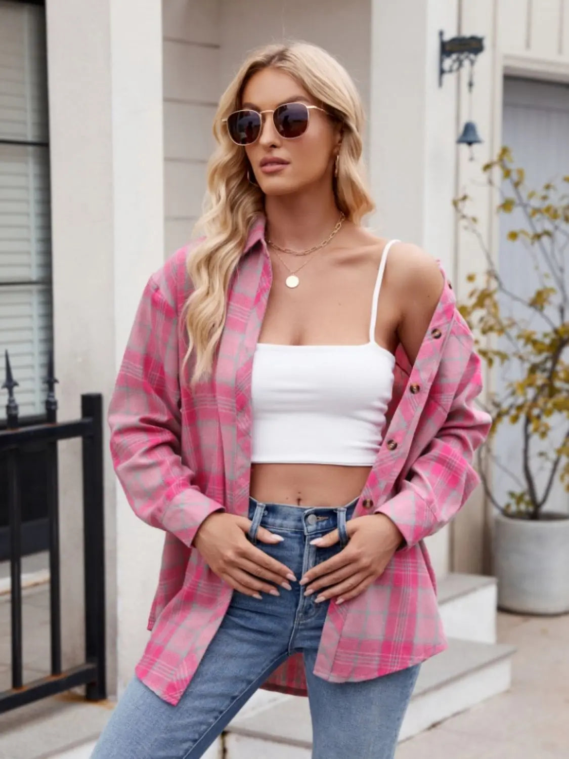 Pocketed Plaid Collared Neck Long Sleeve Shirt Trendsi