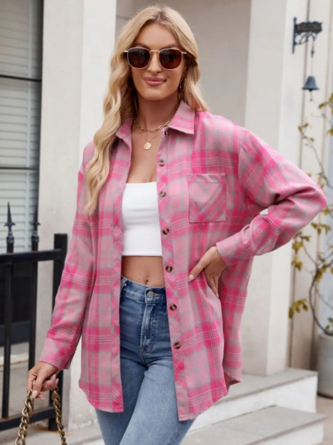 Pocketed Plaid Collared Neck Long Sleeve Shirt Trendsi