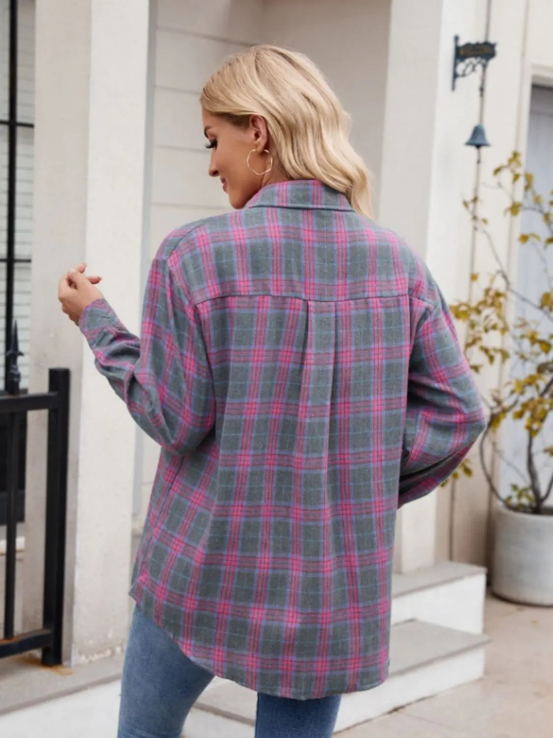 Pocketed Plaid Collared Neck Long Sleeve Shirt Trendsi