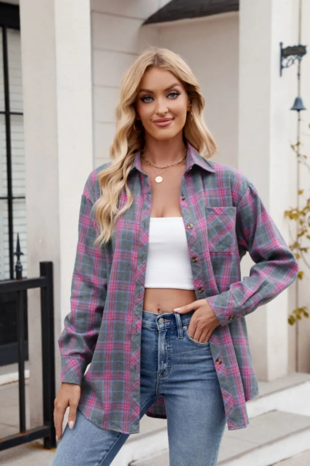 Pocketed Plaid Collared Neck Long Sleeve Shirt Trendsi