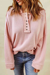 Quarter-Button Exposed Seam Dropped Shoulder Hoodie Trendsi
