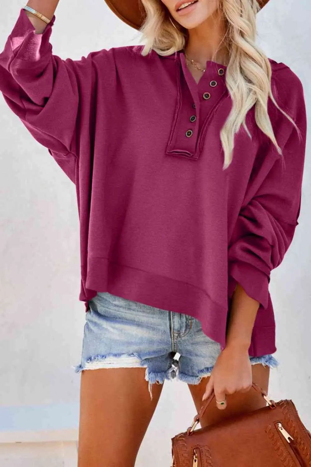 Quarter-Button Exposed Seam Dropped Shoulder Hoodie Trendsi