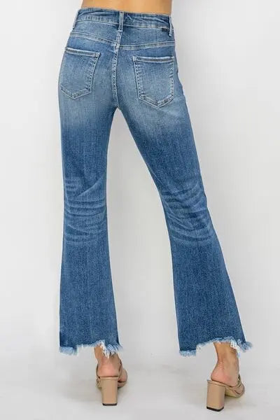 RISEN High Waist Raw Hem Flare Jeans Trendsi