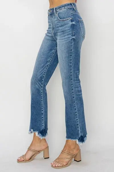 RISEN High Waist Raw Hem Flare Jeans Trendsi
