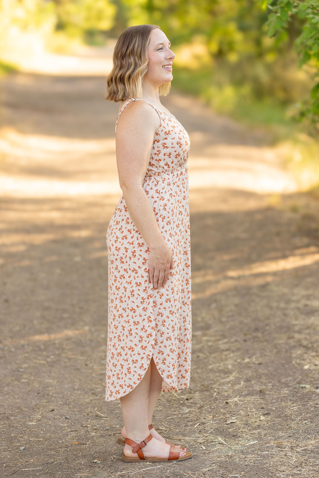 Michelle Mae Reagan Ribbed Midi Dress - Sand and Rust Floral