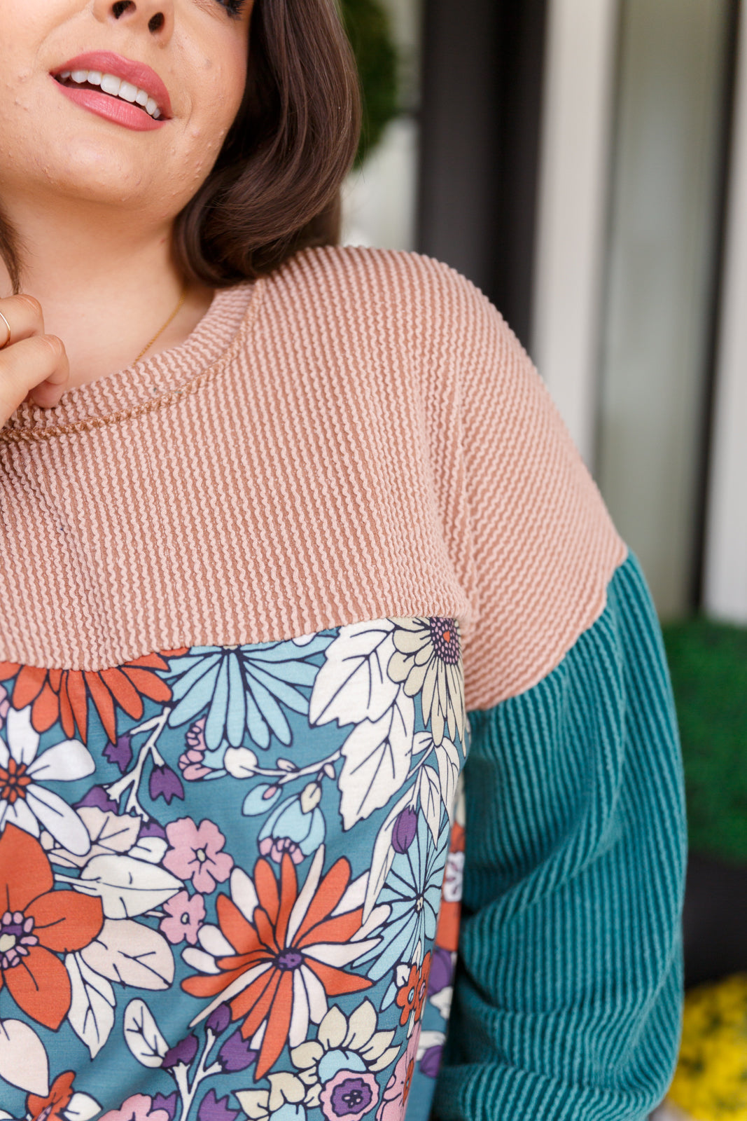 Retro and Ribbed Floral Color Block Top Ave Shops