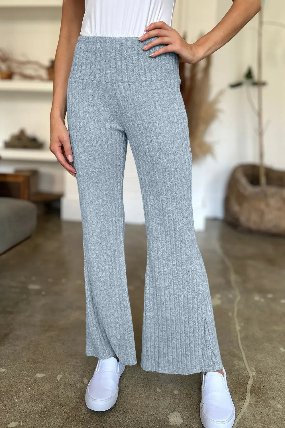 Ribbed High Waist Flare Pants Trendsi