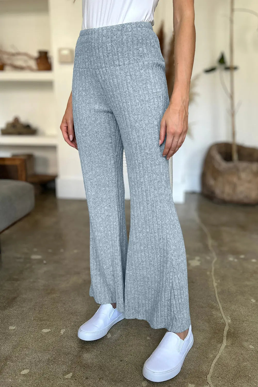 Ribbed High Waist Flare Pants Trendsi