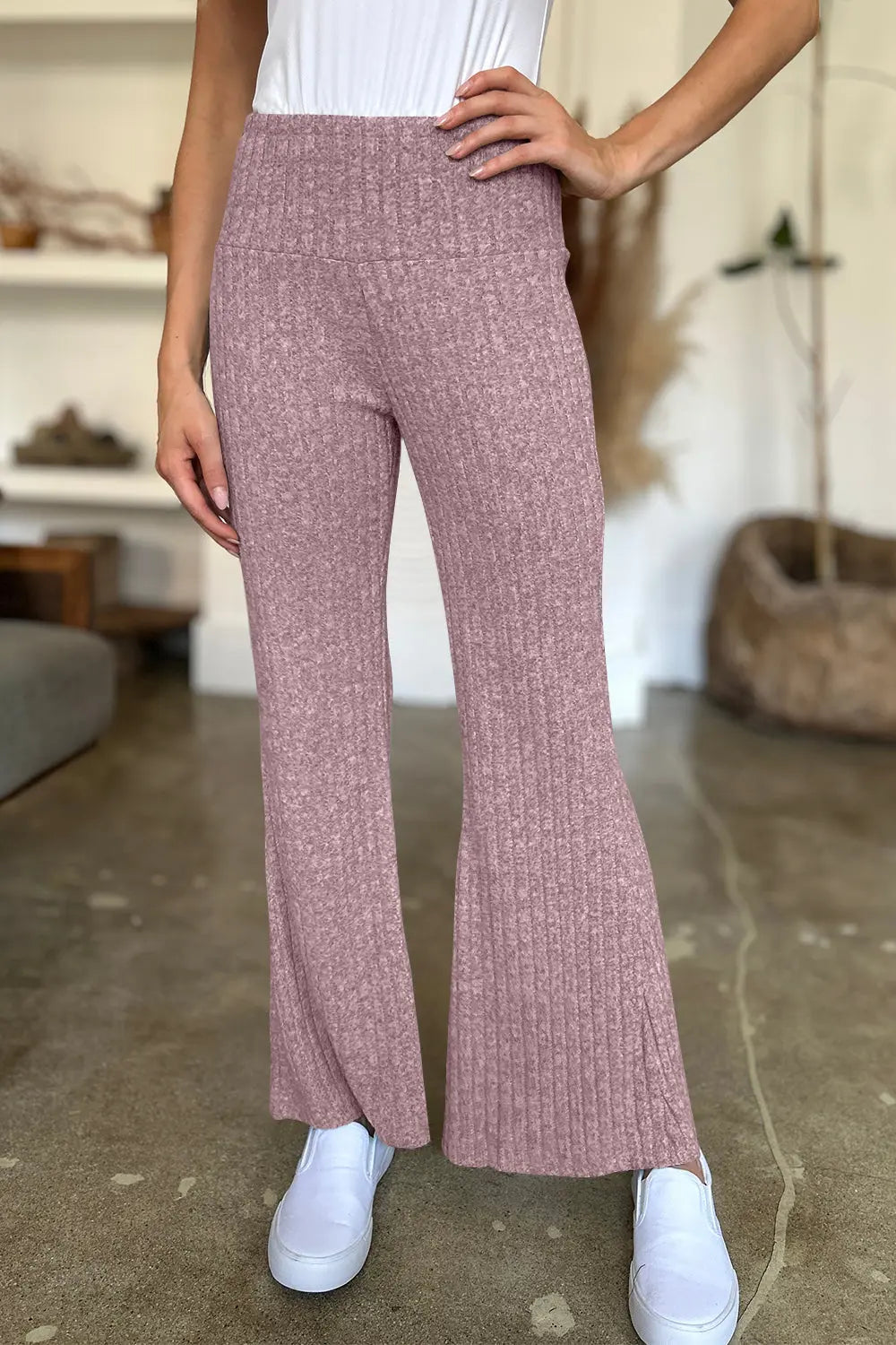 Ribbed High Waist Flare Pants Trendsi