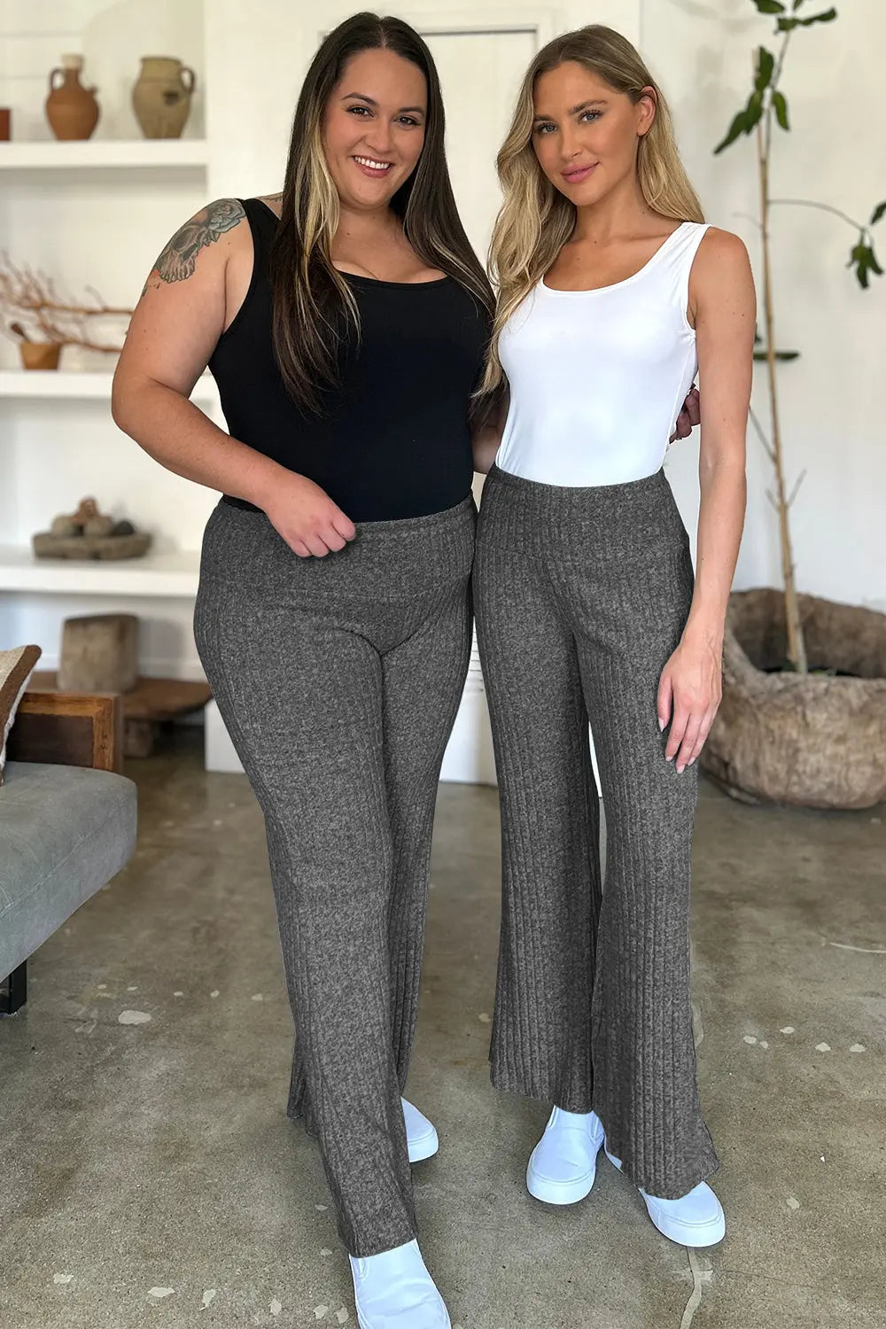 Ribbed High Waist Flare Pants Trendsi