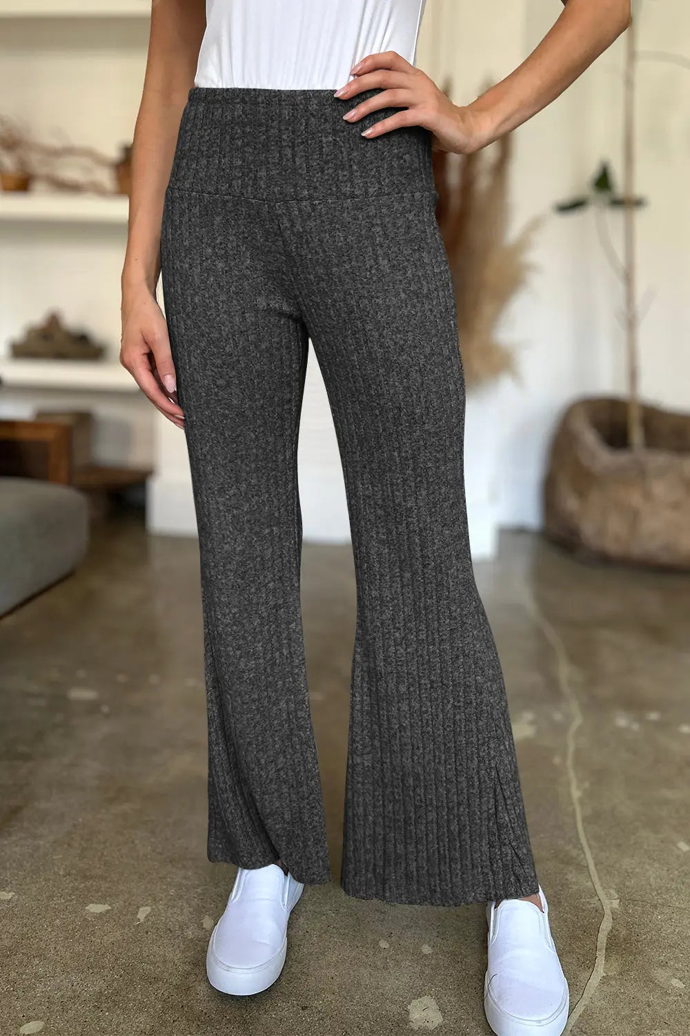 Ribbed High Waist Flare Pants Trendsi