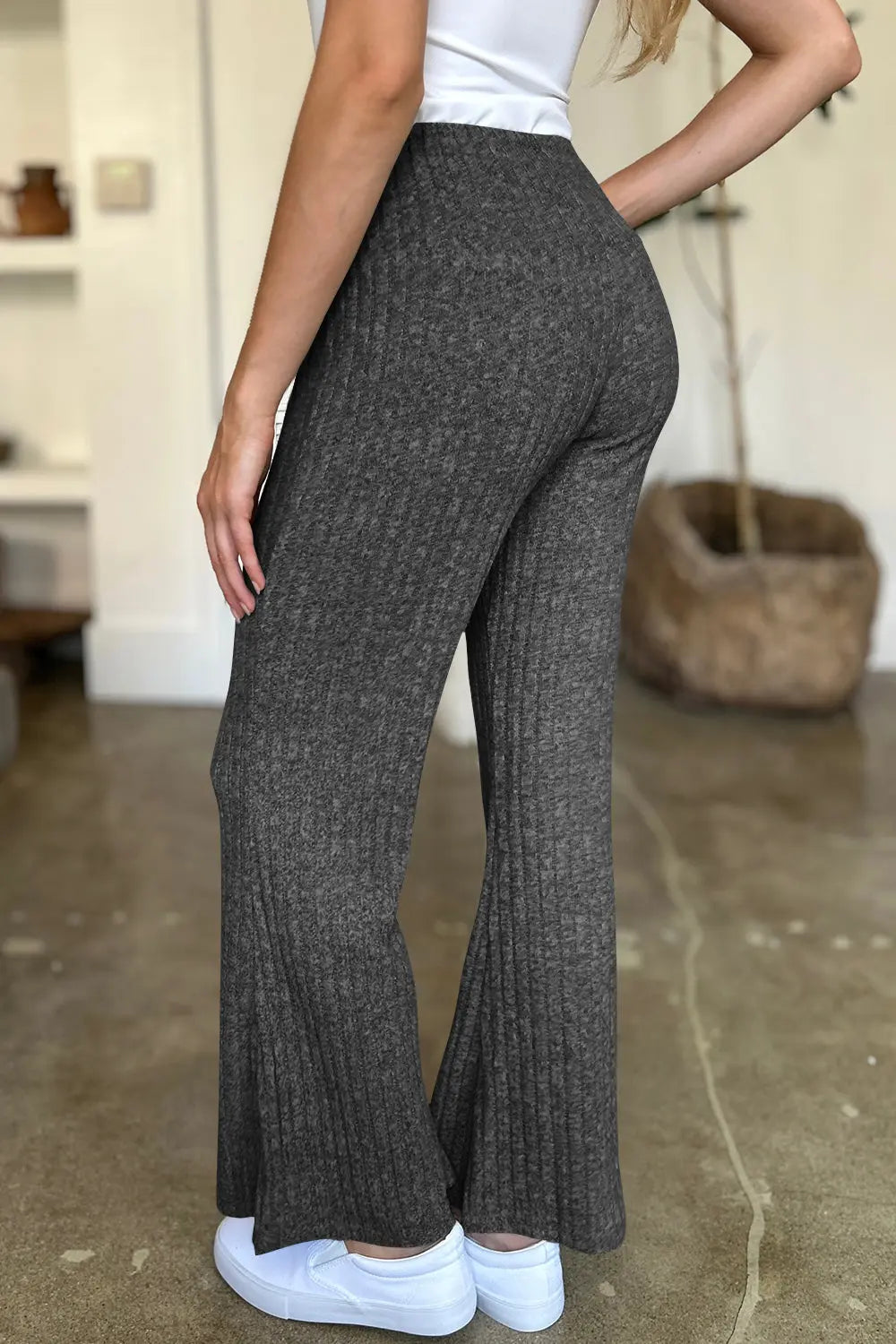 Ribbed High Waist Flare Pants Trendsi