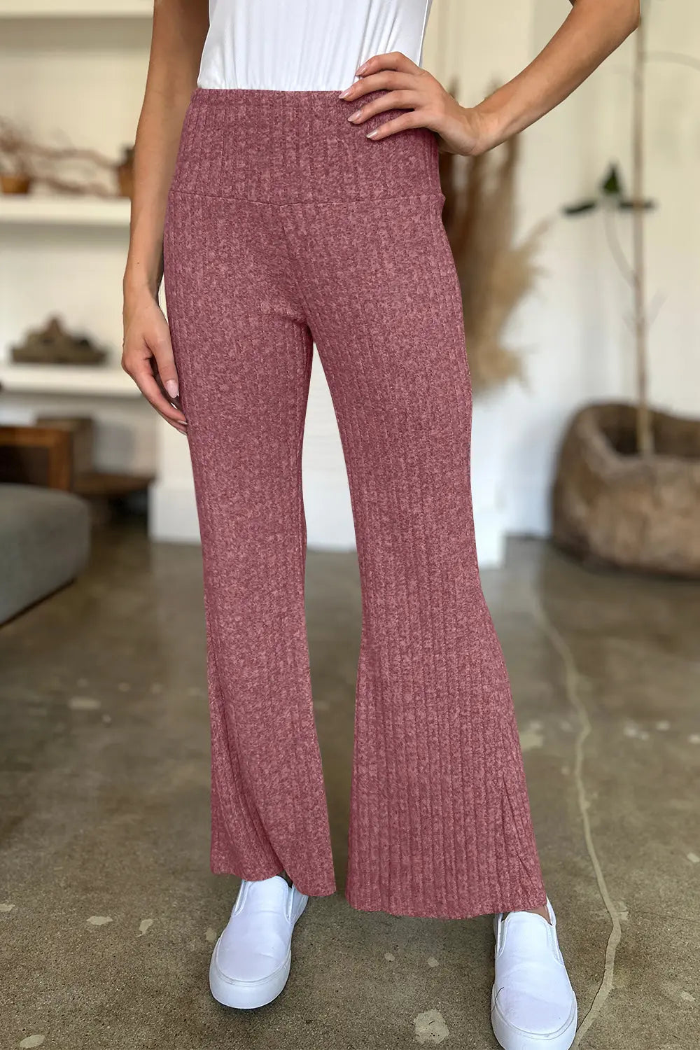 Ribbed High Waist Flare Pants Trendsi