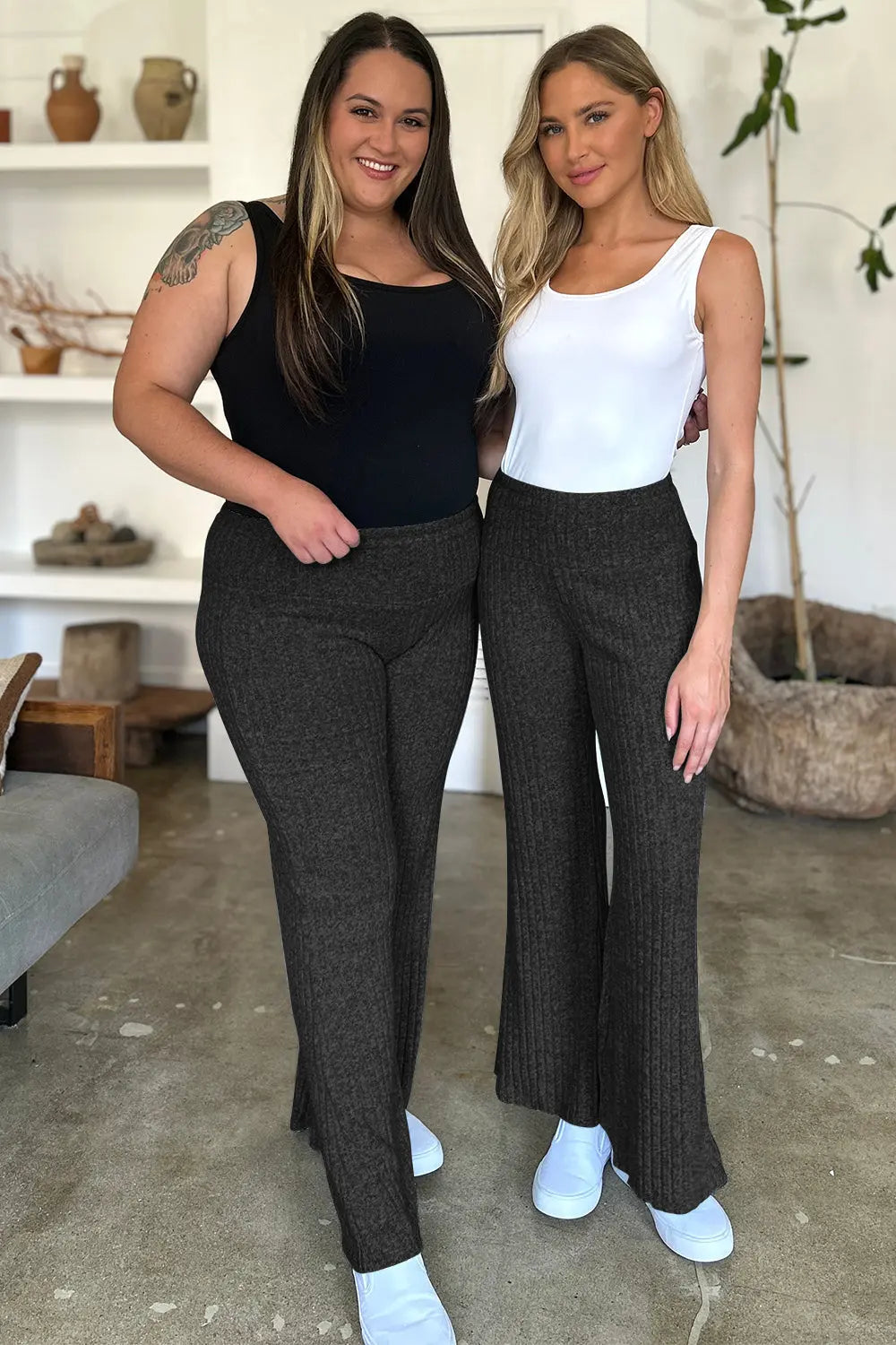 Ribbed High Waist Flare Pants Trendsi