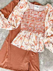 Ribbed Long Sleeve Dress With Slit Detail In Pumpkin Spice Kiwidrop