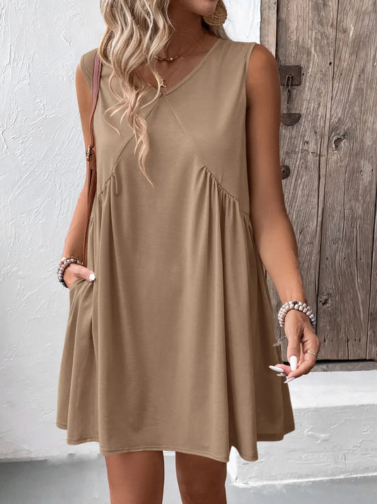 Ruched V-Neck Sleeveless Mini Dress Trendsi