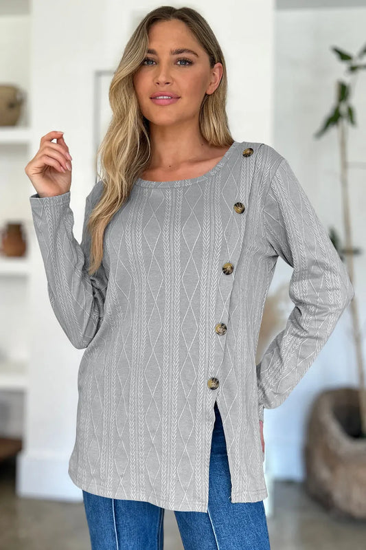 Slit Round Neck Long Sleeve T-Shirt Trendsi