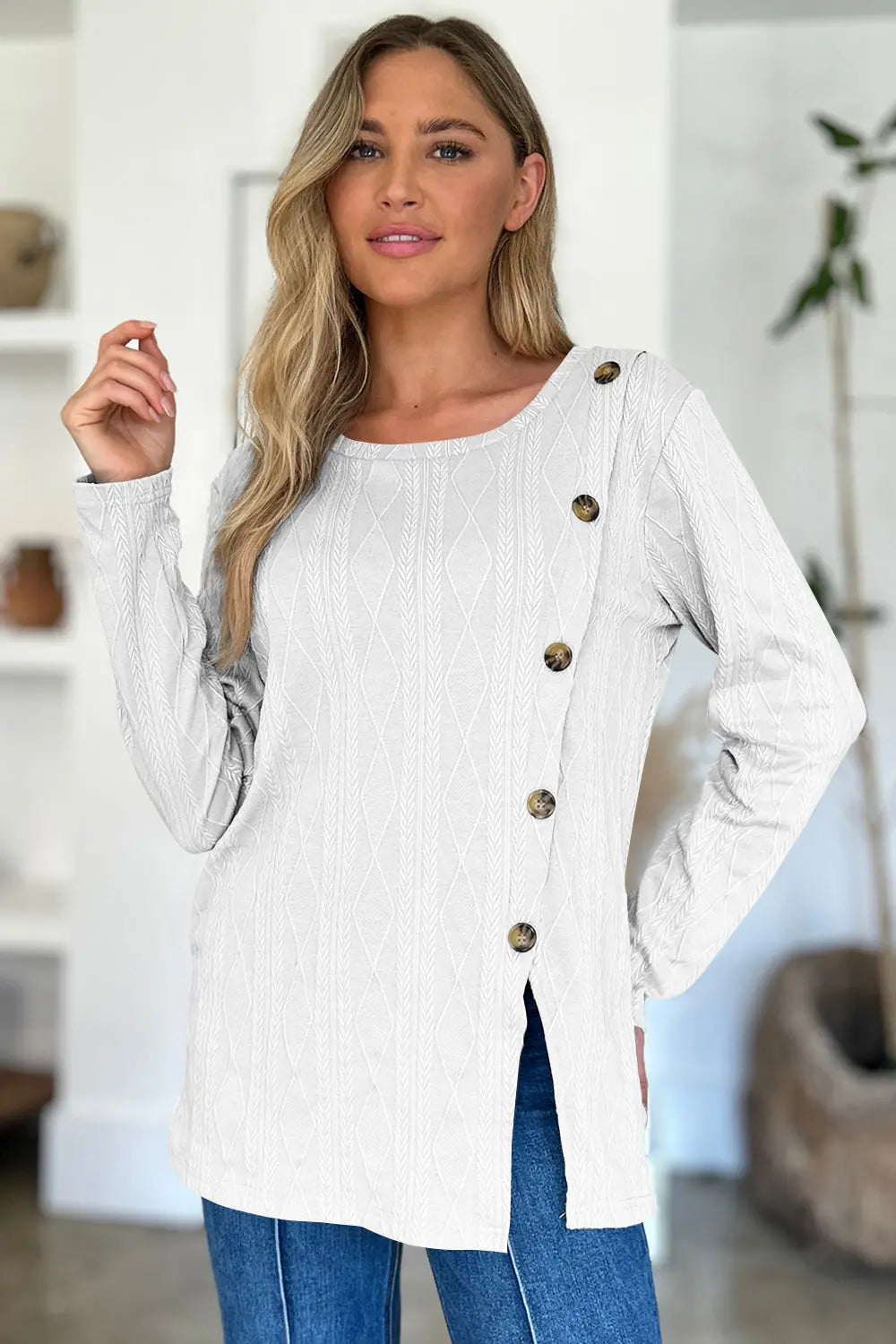 Slit Round Neck Long Sleeve T-Shirt Trendsi