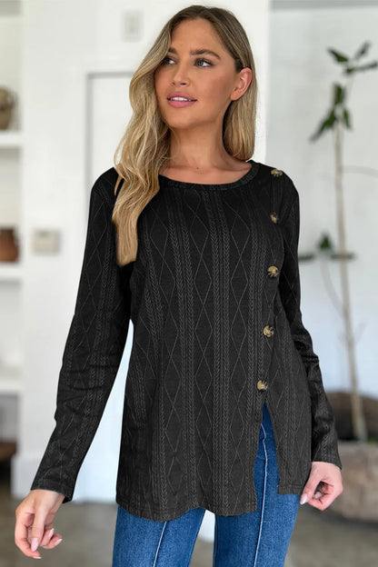 Slit Round Neck Long Sleeve T-Shirt Trendsi