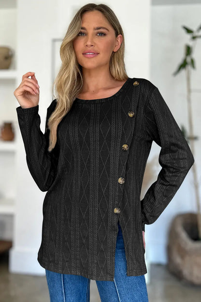 Slit Round Neck Long Sleeve T-Shirt Trendsi