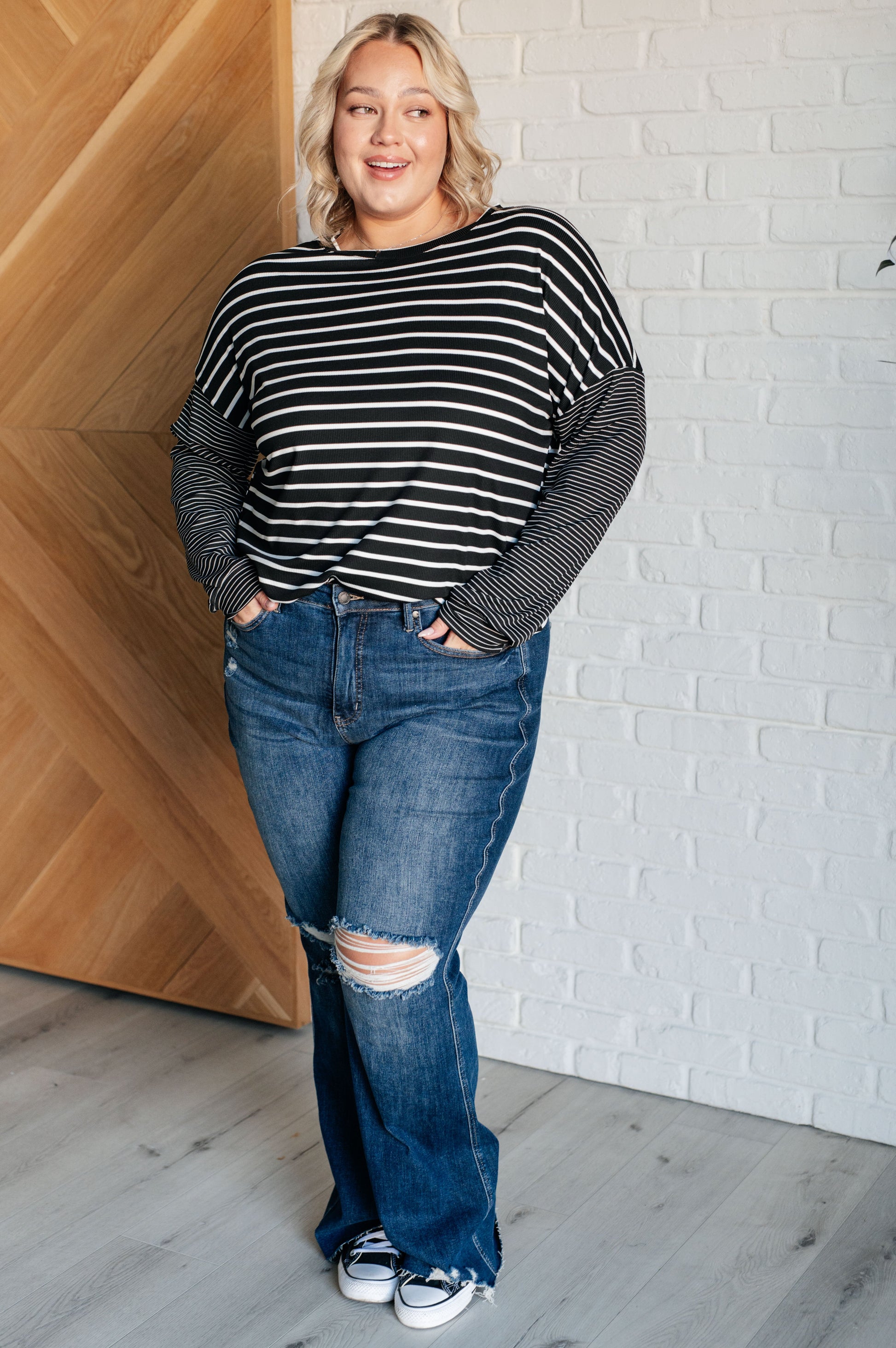 Super Clever Patchwork Striped Top in Black Ave Shops
