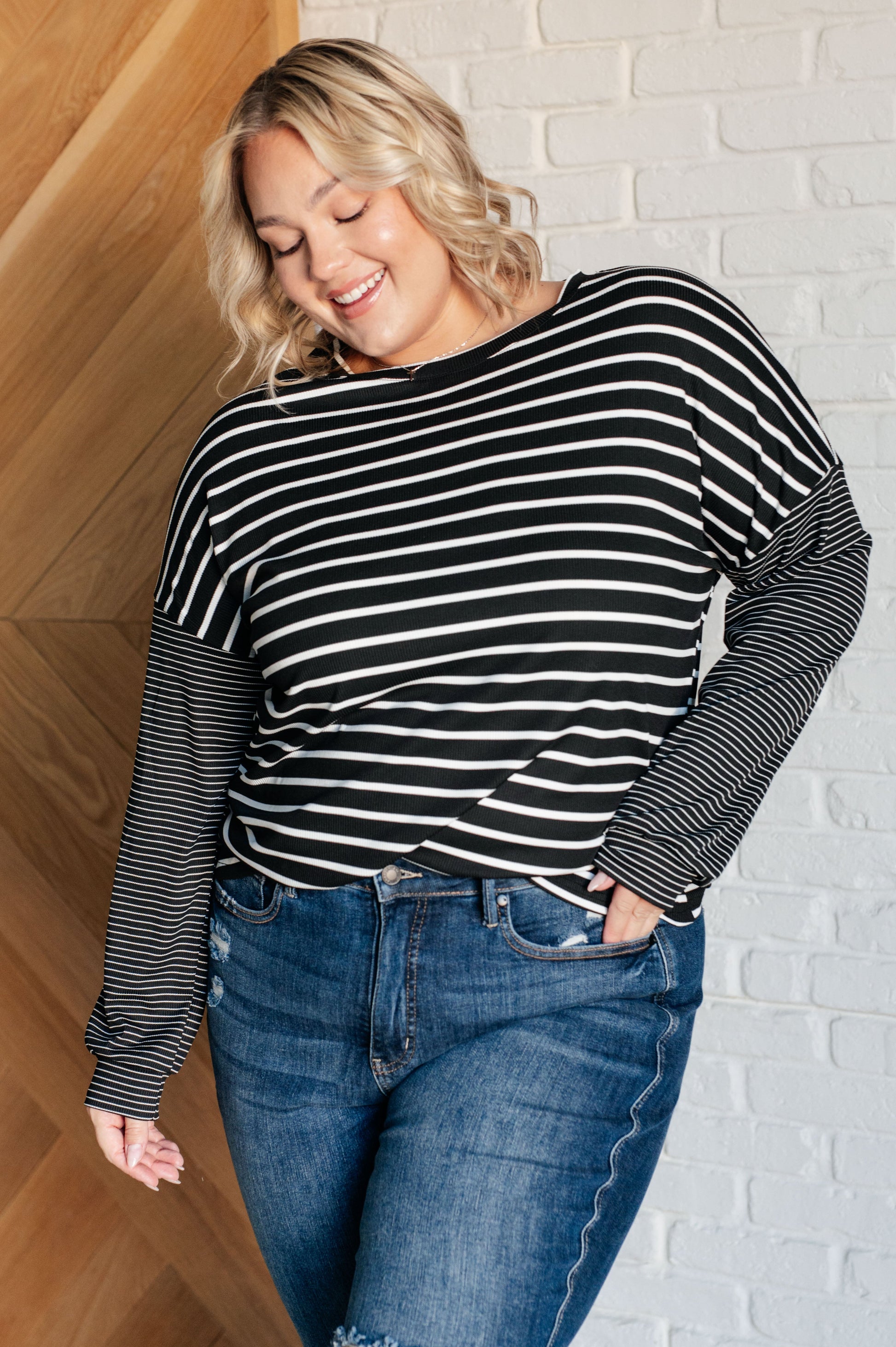 Super Clever Patchwork Striped Top in Black Ave Shops