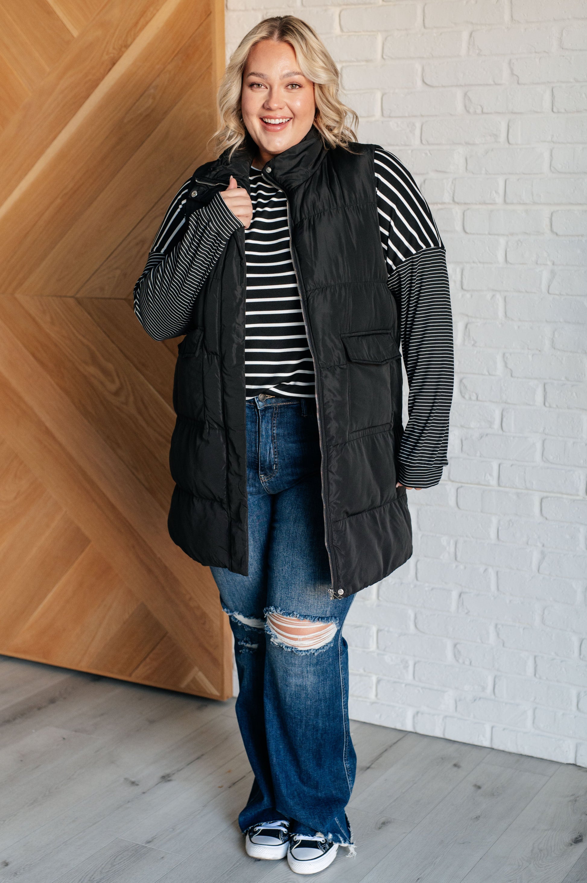 Super Clever Patchwork Striped Top in Black Ave Shops