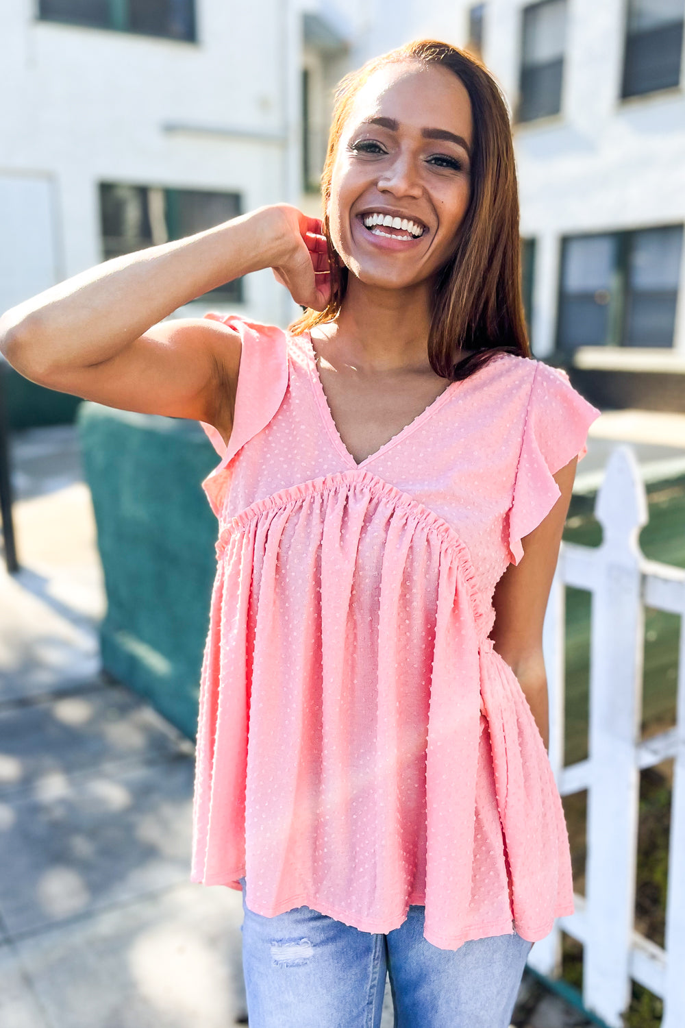 Lock Eyes Coral Swiss Dot Babydoll Flutter Sleeve Babydoll Top Reborn J