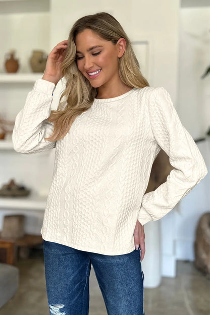 Textured Round Neck Long Sleeve Sweatshirt Trendsi