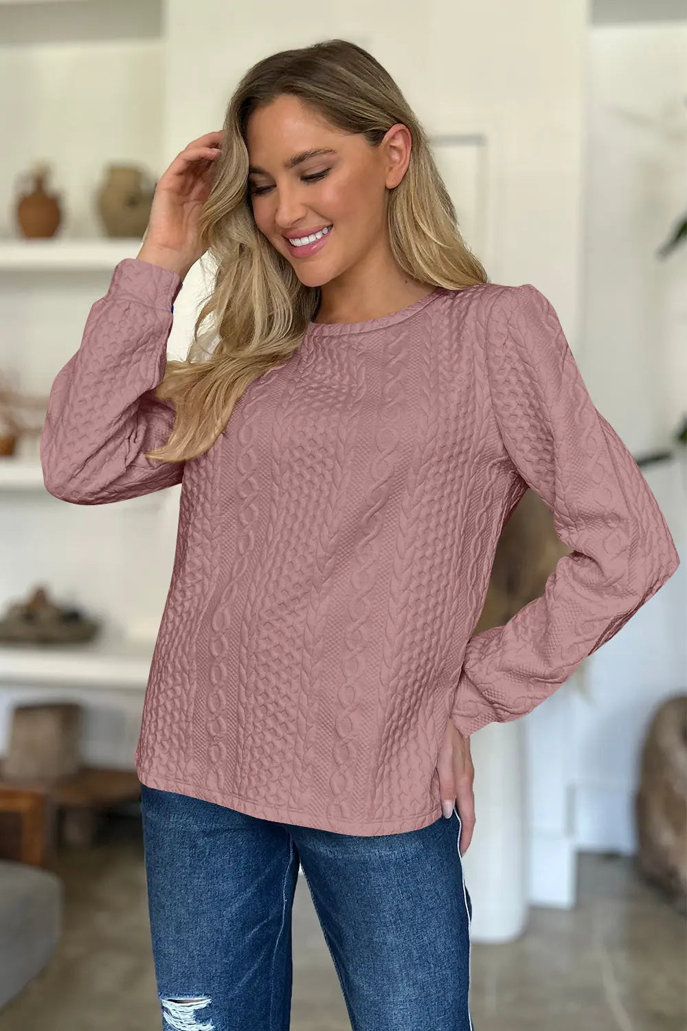 Textured Round Neck Long Sleeve Sweatshirt Trendsi