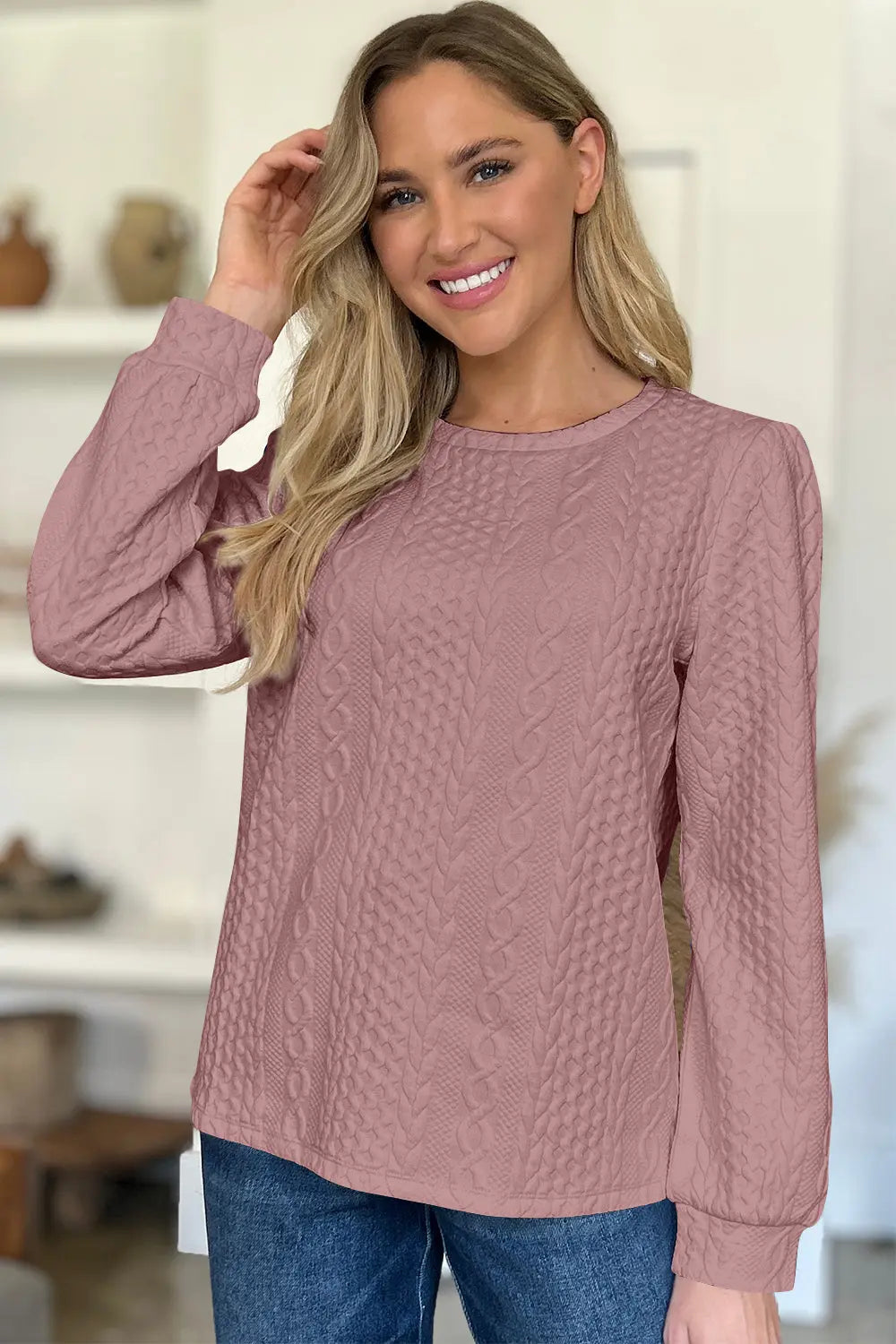 Textured Round Neck Long Sleeve Sweatshirt Trendsi