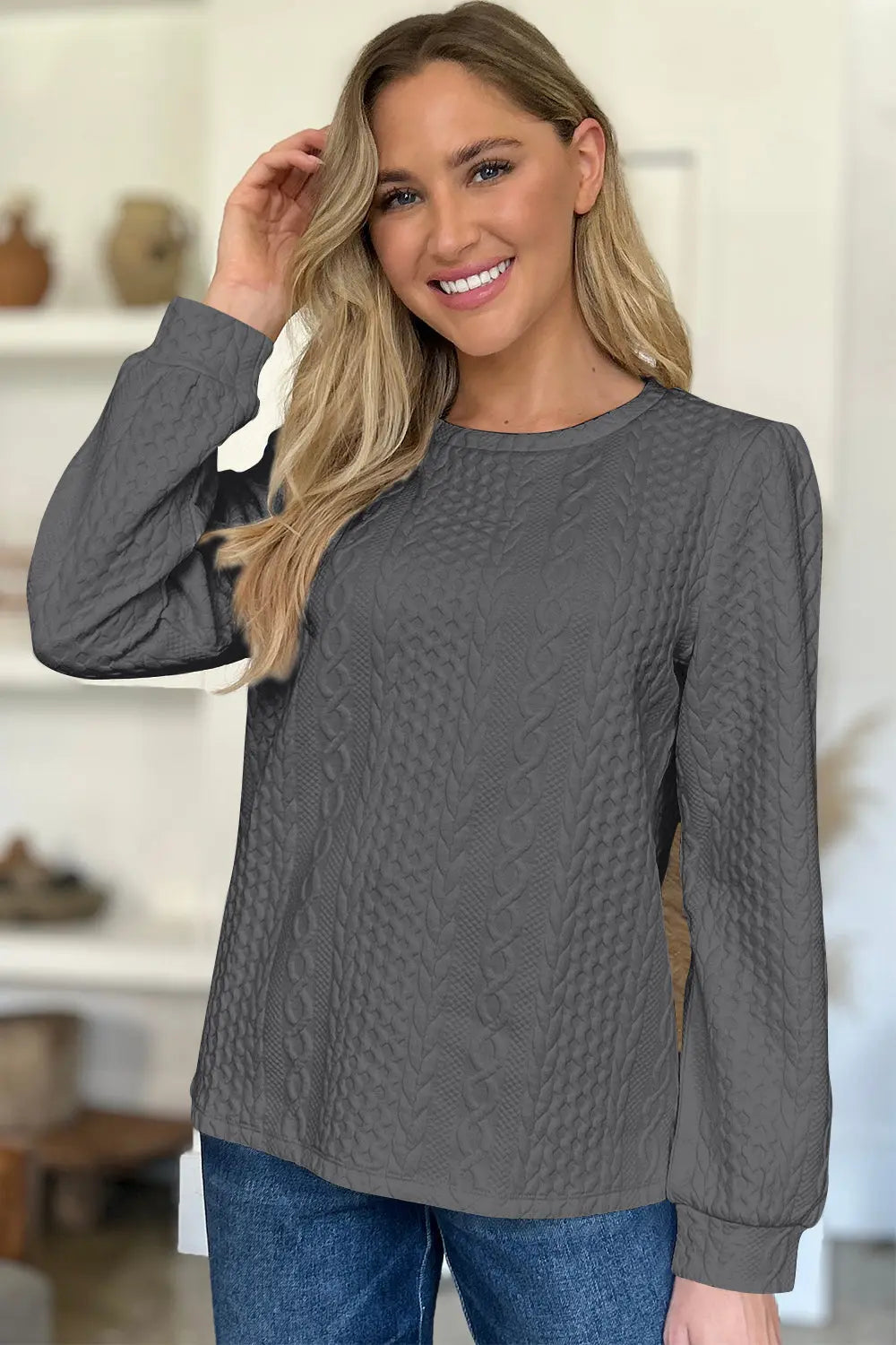 Textured Round Neck Long Sleeve Sweatshirt Trendsi