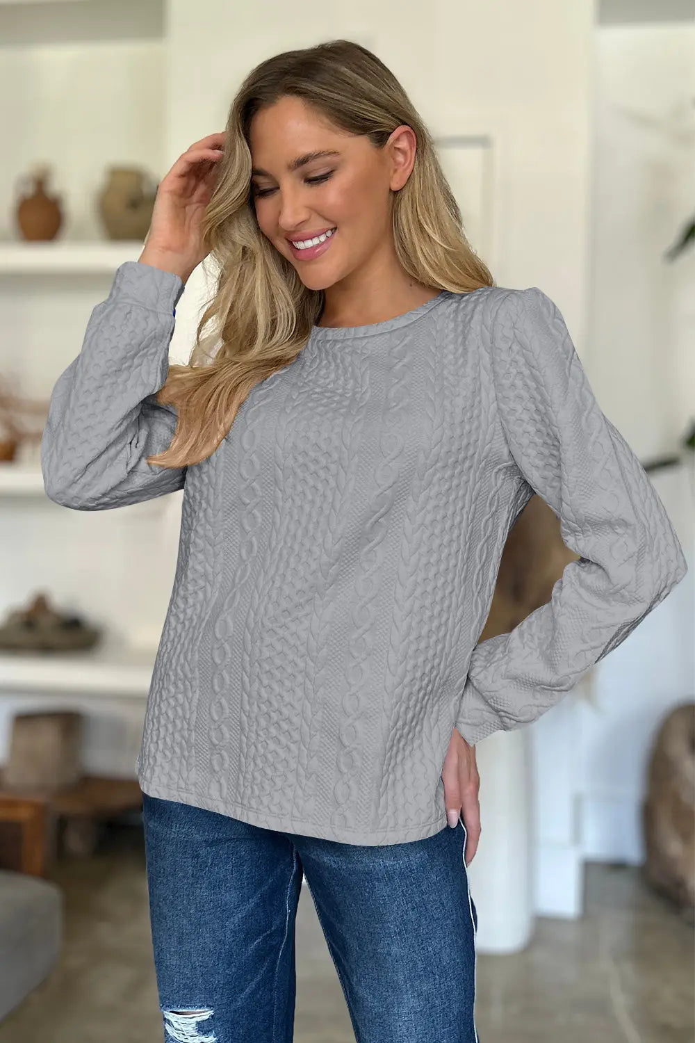 Textured Round Neck Long Sleeve Sweatshirt Trendsi