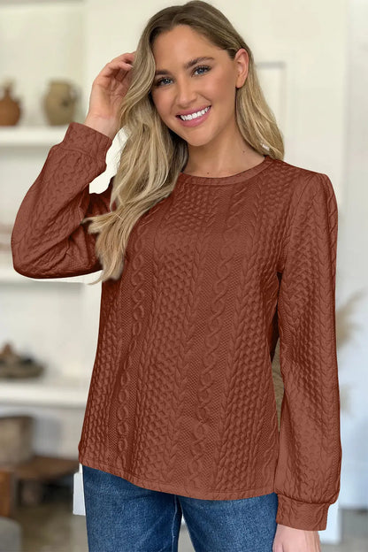 Textured Round Neck Long Sleeve Sweatshirt Trendsi