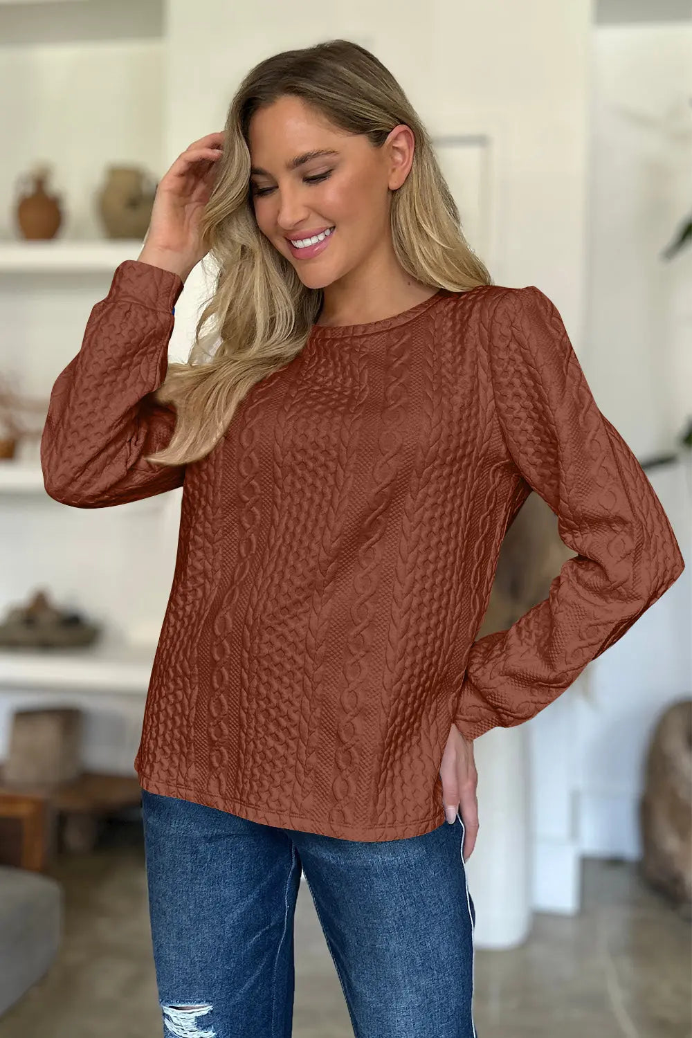 Textured Round Neck Long Sleeve Sweatshirt Trendsi