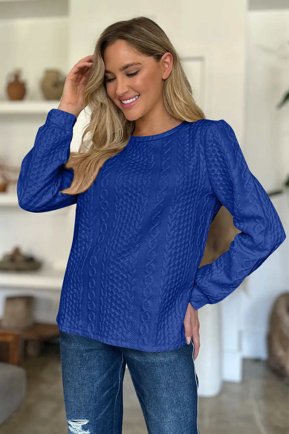 Textured Round Neck Long Sleeve Sweatshirt Trendsi