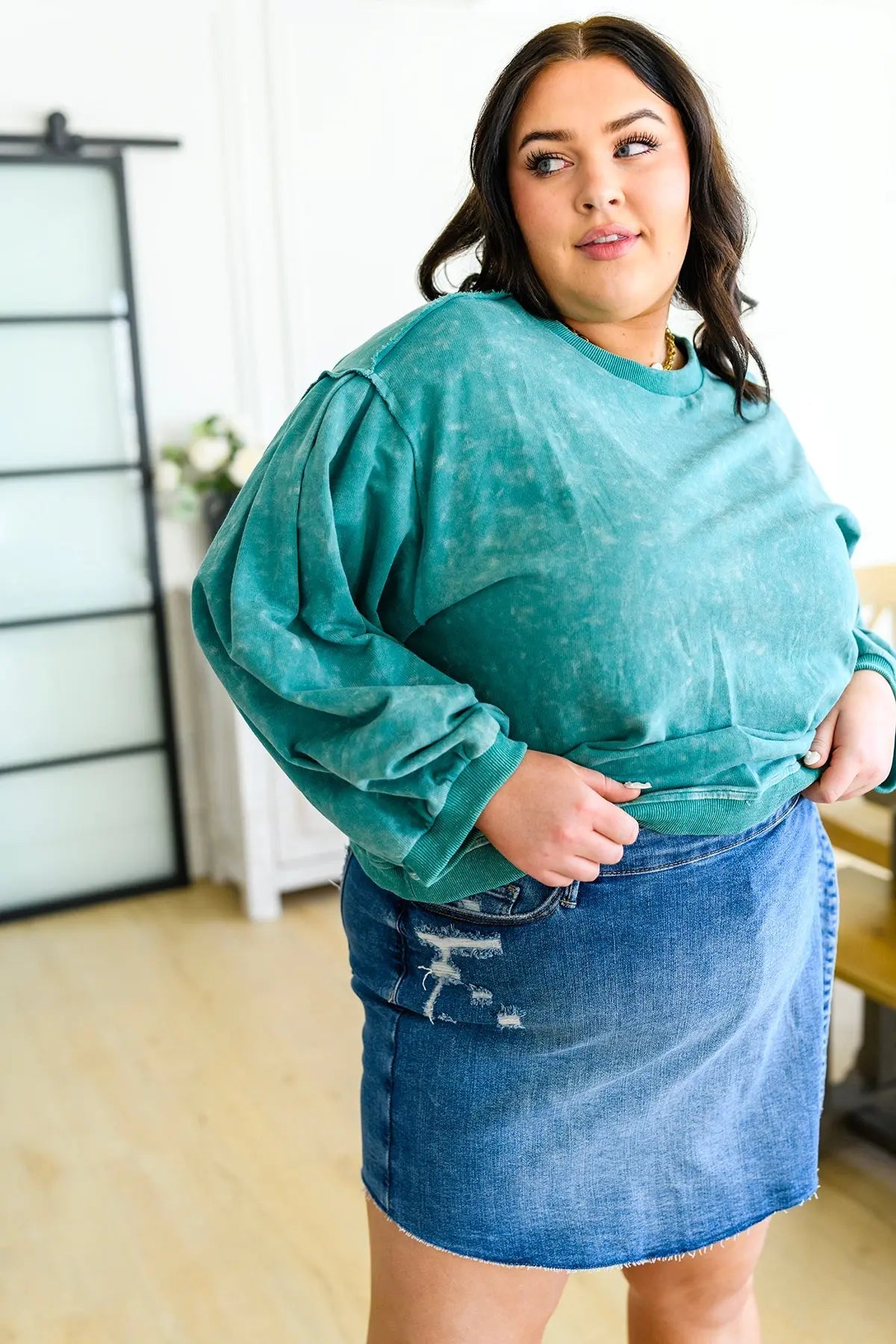 Tied Up In Cuteness Mineral Wash Sweater in Teal Ave Shops