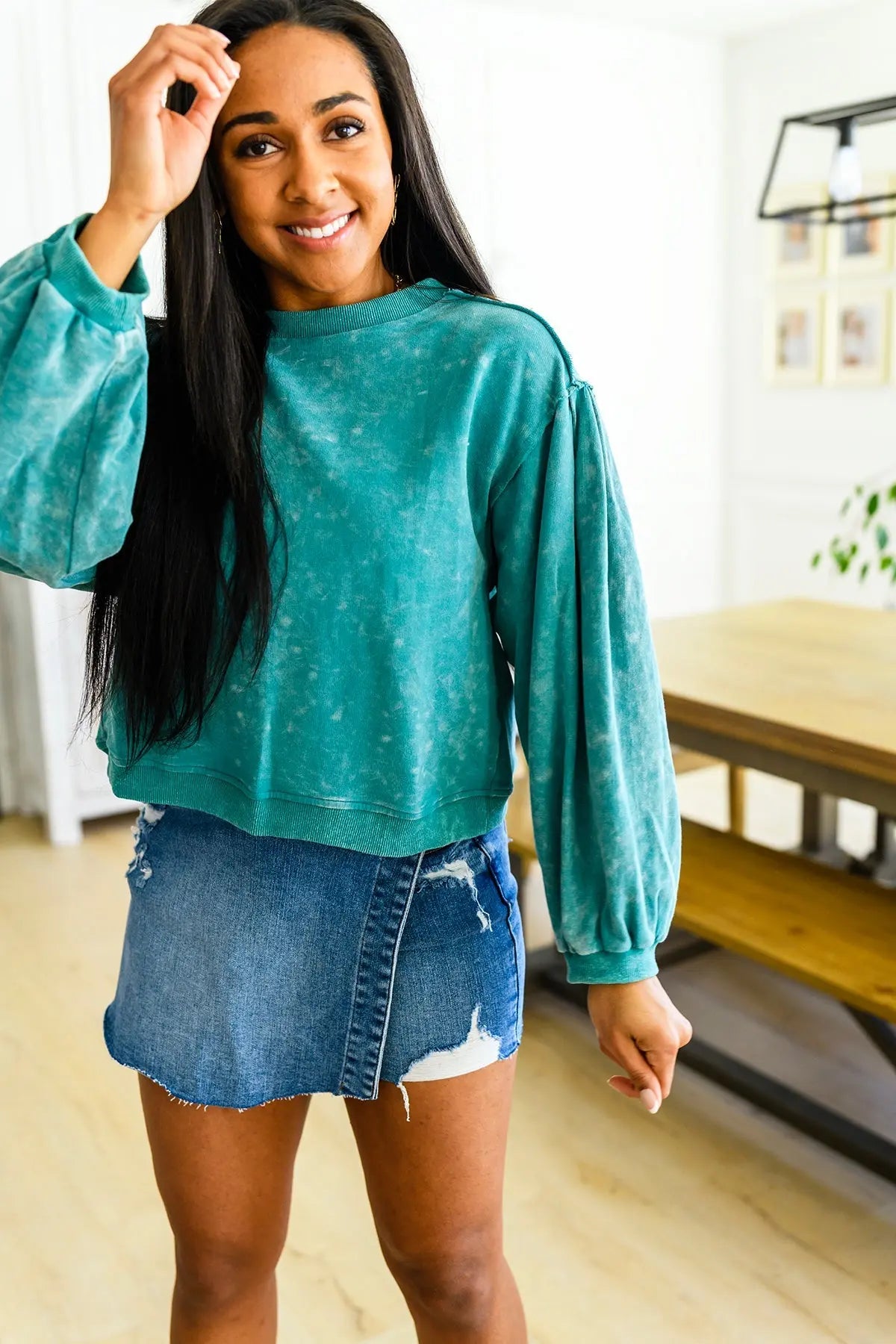 Tied Up In Cuteness Mineral Wash Sweater in Teal Ave Shops