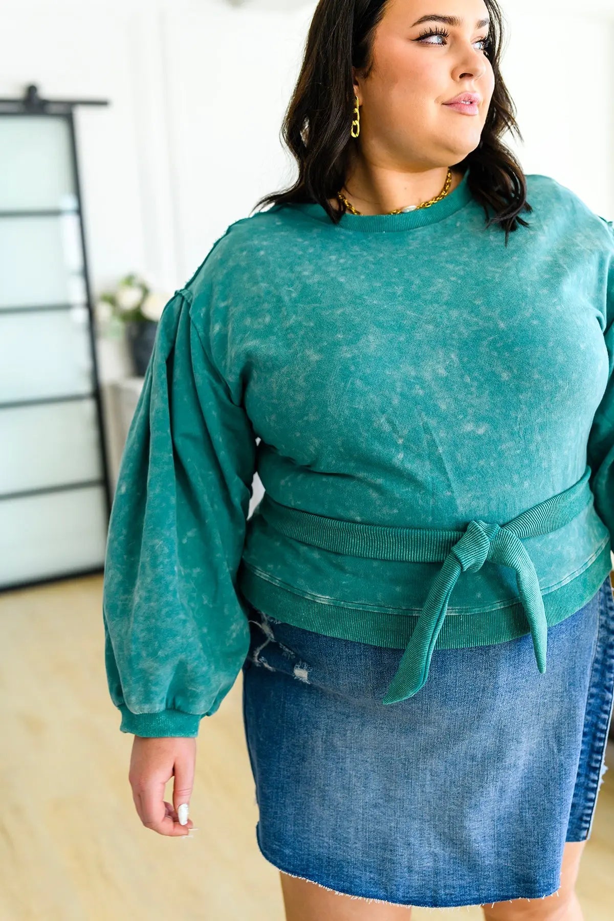 Tied Up In Cuteness Mineral Wash Sweater in Teal Ave Shops