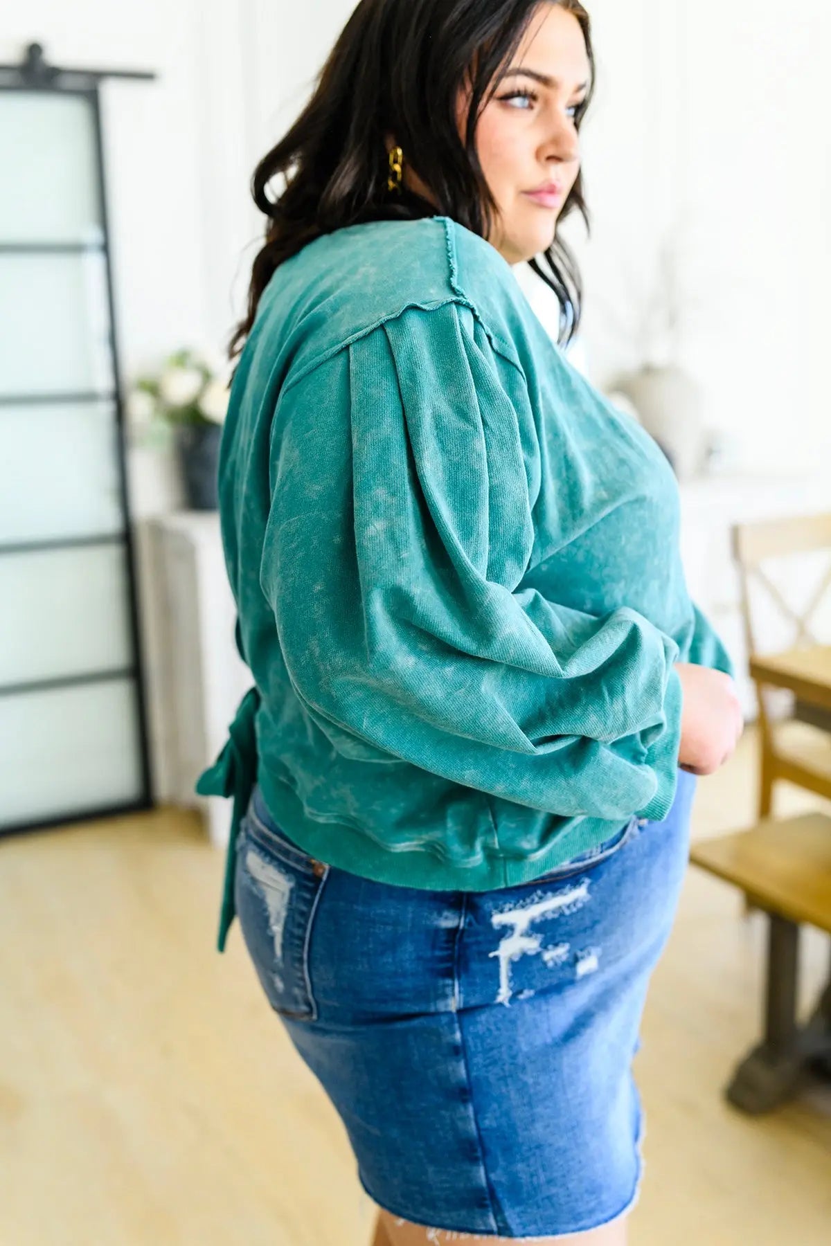 Tied Up In Cuteness Mineral Wash Sweater in Teal Ave Shops